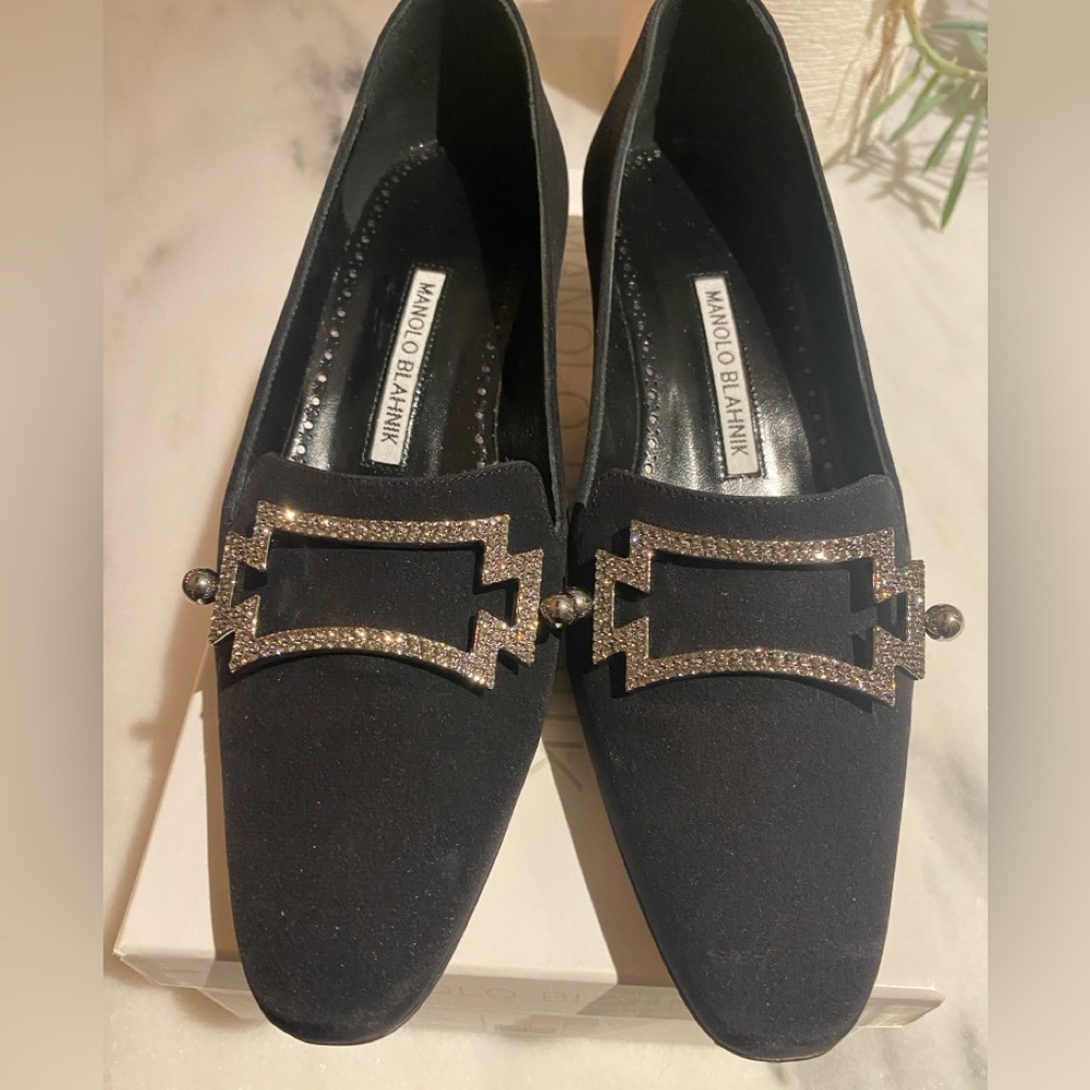 Manolo Blahnik Black Silk kitten heel with Crystal Buckle size 37.5